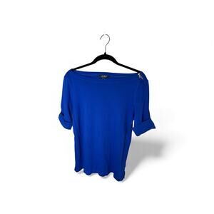 Ralph Lauren Blue Knit Top Short Cuffed Sleeve Zipper Accent Large
